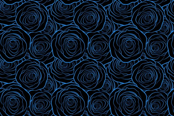 Preciosas Flores Monocromáticas Color Azul Sobre Fondo Negro Patrón Sin — Foto de Stock