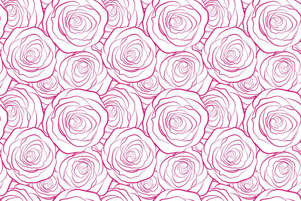 Trendy print. Seamless monochrome pattern with magenta roses. Vintage, retro. Beautiful pattern for decoration and design. Exquisite pattern for design of watercolor sketches of the flowers.