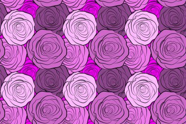 Mor gül yaprakları. Eflatun ve mor gül çiçekleriyle hoş, pürüzsüz bir desen. Kumaş, tekstil ya da baskı için iyidir..