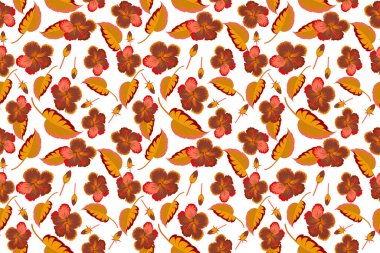 Aloha Hawai gömleği kusursuz desenli. Beyaz arkaplanda turuncu renkli Hibiscus.