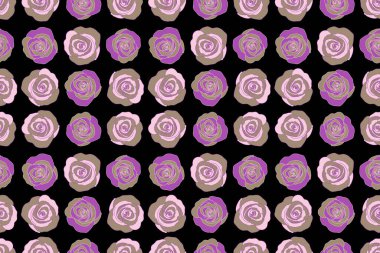 Siyah arka planda açık çiçek ve tomurcuklar var. Gri ve mor güllerden oluşan bir dalın klasik suluboya çizimi..