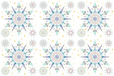 Beyaz arka planda kar taneleri mavi ve yeşil renklerde. Soyut çiçek elementleri kümesi.