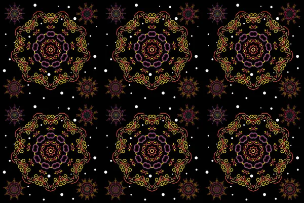 Arab, Asian, ottoman motifs in purple and yellow colors. Simple snowflakes set, floral elements, decorative ornament. Illustration on a black background.