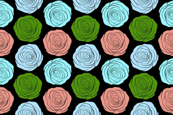 Seamless floral border. Isolated rose flowers in green, blue and neutral colors on a black background.