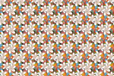 Dekoratif yaz çiçeklerinin yeşil ve turuncu renkleriyle kusursuz desen, suluboya raster çizimi.