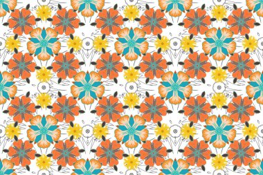 Geleneksel klasik raster deseni bej, mavi ve sarı renkte. Damask tasarımı. Barok tarzında kusursuz desenli doğu süsü..