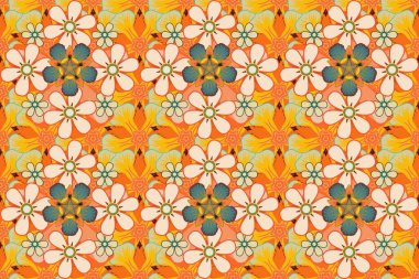 El yazısı raster çiçekleri, pullar, anahtarlar. Bej, sarı ve turuncu renklerde klasik, pürüzsüz desen.