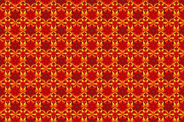 Çiçek ve yaprakları pembe, kırmızı ve sarı renklerde olan dikişsiz çiçek deseni..