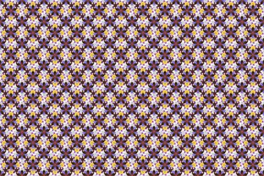 Raster illüstrasyonu. Klasik duvar kağıdı dikişsiz, gri, sarı ve mor renkli çiçek desenli arka plan. Bir sürü sevimli çiçek..