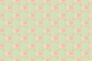 Gül çiçekleri, yeşil yapraklar, dekoratif elementler, sıçrama, lekeler ve pembe, mavi ve bej renklerde damlalar. Karalama çizim biçimi, el çizimi illüstrasyon.