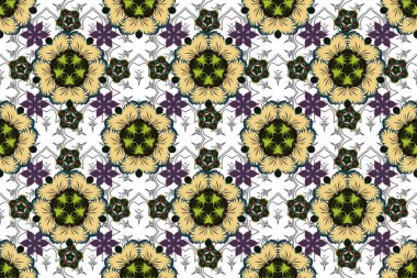 Karalama çizim stili, elle çizilmiş çizim. Çiçekler, yapraklar, dekoratif elementler, sıçramalar, lekeler ve yeşil, bej ve gri renkte damlalar..