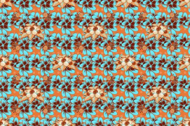 Plumeria çiçekleriyle optik yanılsama. Raster çizimi iç tasarım, baskı, web ve tekstil tasarımı için iyidir. Kırmızı, mavi ve turuncu renklerde çiçeklerin kusursuz dokusu.