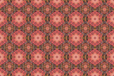 Damask, pembe, kahverengi ve kırmızı renklerde çiçeksiz arkaplan deseni. Raster illüstrasyonu.