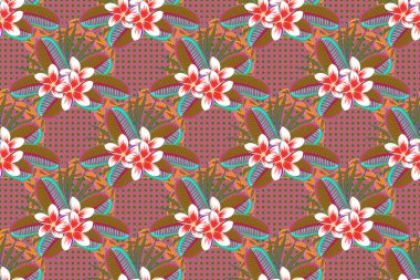 Raster illüstrasyonu. Geçmişi, tekstili, ambalaj kağıtları, tebrik kartları için. Pembe arka planda, sulu boya buketi ve soyut tesisat çiçekleri olan romantik, pürüzsüz bir desen..