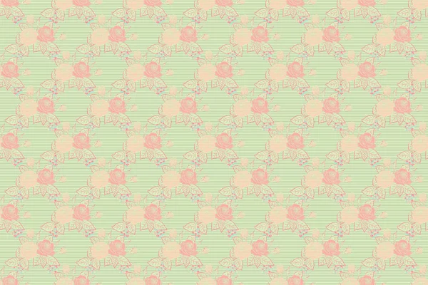 Gül çiçekleri, yeşil yapraklar, dekoratif elementler, sıçrama, lekeler ve pembe, mavi ve bej renklerde damlalar. Karalama çizim biçimi, el çizimi illüstrasyon.