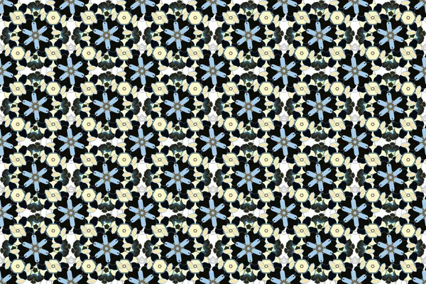 Rasterillustratie Naadloos Floral Patroon Zwart Grijs Blauwe Kleuren — Stockfoto
