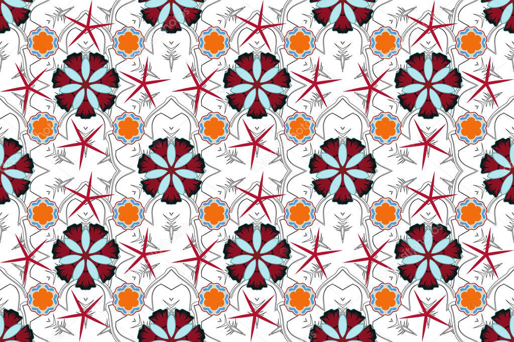 Vintage ornament. Raster blue, red and black pattern for your design. Modern geometric seamless pattern for wrapping paper, printing, fabric or textile.