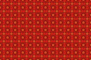 Çiçek motifli Motley fayanslar. Doğulu süslemesiz desen. İslami Raster katır renkli tasarım. Kırmızı, turuncu ve sarı renkli tekstil baskısı.