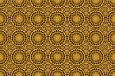 Sarı, turuncu ve kahverengi süslemelerden oluşan pürüzsüz bir desen. Halılar, tekstil, duvar kağıtları ve herhangi bir yüzey için şablonlar. Doğulu, çiçekli bir süs.