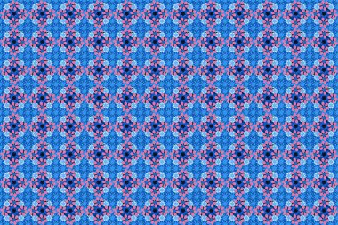 Güzel bir arkaplan. Grafiksel modern model. Pembe, mavi ve siyah renklerde kusursuz soyut çiçek deseni. Geometrik yaprak süsü.