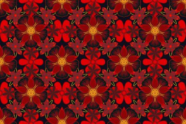 Sorunlu damasküler desensiz arka plan fayansları. Sarı, siyah ve kırmızı renklerde pürüzsüz süsler..