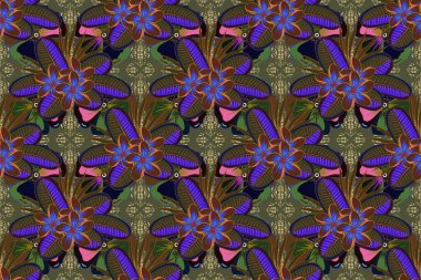 Soyut şirin plumeria çiçeklerinin olduğu bahar kağıdı mavi, yeşil ve kahverengi renklerde. Raster illüstrasyonu. Çiçeksiz desen.