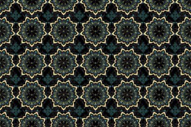 Doğum günü kartı, davetiye ya da afiş için iyidir. Dekoratif simetri arabesk. Ortaçağ çiçek desenli. Raster illüstrasyonu. Siyah arkaplanda çok renkli ve pürüzsüz desen.