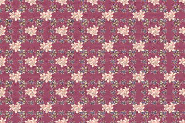 Küçük çiçeklerin içinde sevimli bir çiçek deseni var. Mavi ve kahverengi renkli Raster soyut çiçekleri. Ditsy pürüzsüz desen. Raster illüstrasyonu.