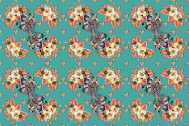 Modaya uygun çiçek deseni. Bir sürü bej, mavi ve turuncu amber çiçekli Raster çizimi.