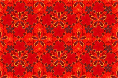 Sarı, kırmızı ve turuncu renkli şirin çiçeklerin olduğu bahar kağıdı. Raster illüstrasyonu. Çiçeksiz desen.