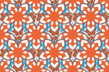 Soyut raster arka planı. Çiçek açan çiçeklerin ve yaprakların mavi, mor ve turuncu renklerde olduğu dikişsiz bir desen. Çiçekli şık duvar kağıtları.