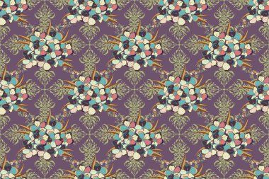 Geleneksel doğuya özgü pürüzsüz desen. Kumaş, tekstil ve ambalaj kağıtları için dekoratif süs. Raster çizgili, dikişsiz desenli ve çiçekli. Mor ve bej renkli çiçek duvar kağıtları.