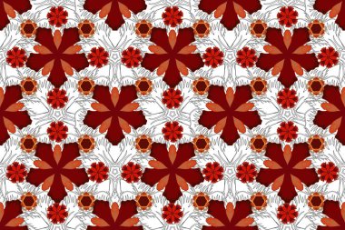 Klasik kırmızı, turuncu ve gri dikişsiz desen, soyut brokar kumaş deseni, kumaş, baskı veya ambalaj kağıdı için karışık stilize elementler..