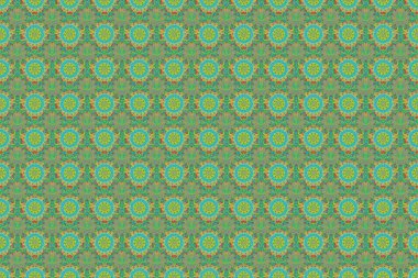 Soyut çiçekli kraliyet duvar kağıdı. Şam, sarı, kahverengi ve yeşil renklerde, dikişsiz çiçek deseni. Raster tarzı bir süs..