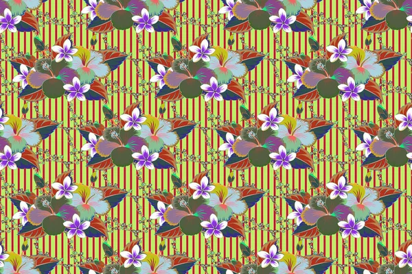 Motley seamless pattern. Pretty floral print with green, orange and pink small flowers. Raster abstract flower background.