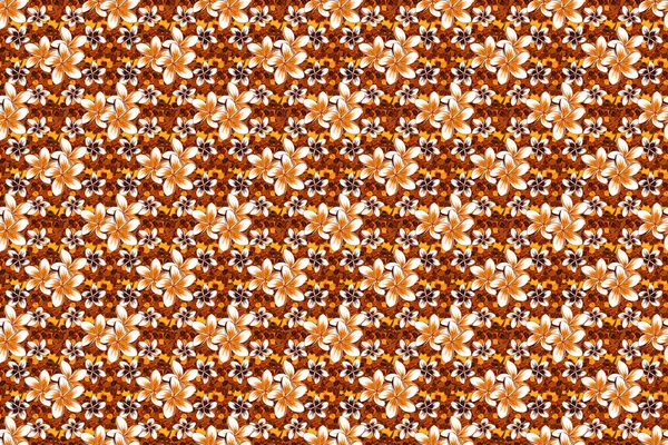 Güzel raster dokusu. Plumeria çiçekli, mor, sarı ve turuncu renklerde kusursuz desenler. Bahar mahsulü çiçek arkaplanı.