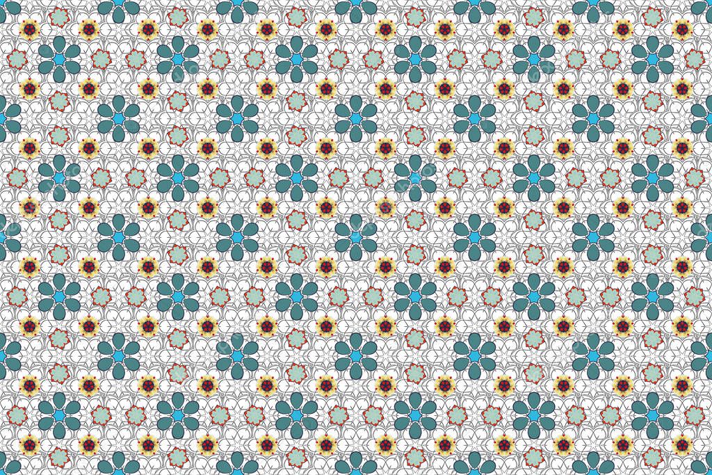 Seamless hand-drawn raster flower pattern in brown, gray and blue colors.
