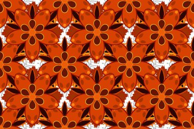 Grafiksel modern model. Kırmızı, sarı ve turuncu renklerde kusursuz soyut çiçek deseni. Güzel bir arkaplan. Geometrik yaprak süsü.