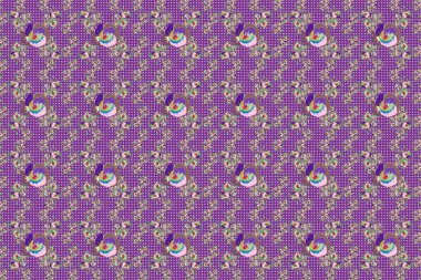 Moda baskısı. Dekorasyon ve tasarım için güzel bir raster deseni. Eski tarz gelincik çiçekleriyle enfes bir desen. Mor arkaplanda küçük gelincik çiçekleri olan sulu boya deseni.