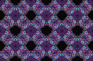 Raster illüstrasyonu. Damask, mavi, mor ve mor renklerde renksiz çiçek arkaplan deseni.