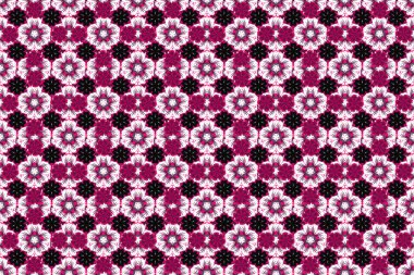 Raster illüstrasyonu. Pembe, morumsu ve mor renklerde çiçek motifleri olan soyut zerafet deseni..