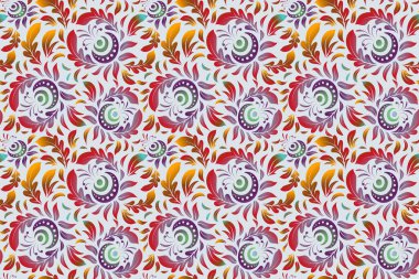 Klasik raster süsü. Sarı, mor ve mavi elementlerle soyut, kusursuz desen.