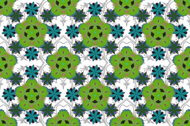 Raster çiçeği, mavi, yeşil ve gri renklerle kusursuz desen.