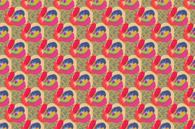 Kırmızı ve turuncu renkli çiçeklerle sulu boya deseni. Vintge tarzında moda baskı. Dekorasyon ve tasarım için güzel bir raster deseni. Çiçekli zarif desen, suluboya efekti..