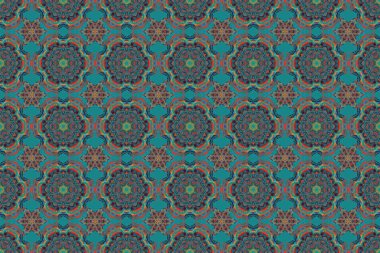 Raster illüstrasyonu. Damask renksiz turuncu, mavi ve gri renklerde çiçek arkaplan deseni.