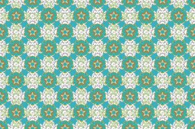 Yeşil ve mavi renkli biçimlendirilmiş çiçeklerle kusursuz çiçek deseni. Raster illüstrasyonu.