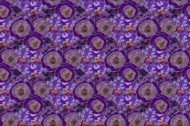 Mor, gri ve menekşe renklerinde klasik, dikişsiz desen. El yazısıyla yazılmış gül çiçekleri ve yapraklar, pullar, anahtarlar..