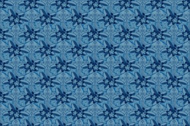 Dekoratif Plumeria çiçekleriyle mavi renklerde etnik ve pürüzsüz desenler..