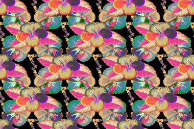 Raster illüstrasyonu. Yeşil ve mavi renkli şirin çiçeklerle kusursuz desen.