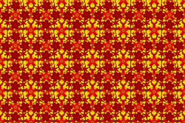Ambalaj kağıdı, baskı, kumaş ya da tekstil için modern geometrik kusursuz desen. Eski bir süs. Raster sarı, kırmızı ve turuncu desenli tasarımınız için.